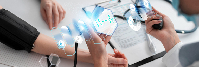 A doctor is seen checking a patient's blood pressure, with graphical elements displayed in the foreground.